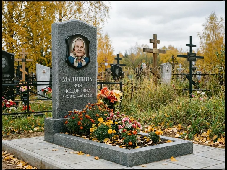 Чёрно-белый керамический портрет на памятнике в Калининграде