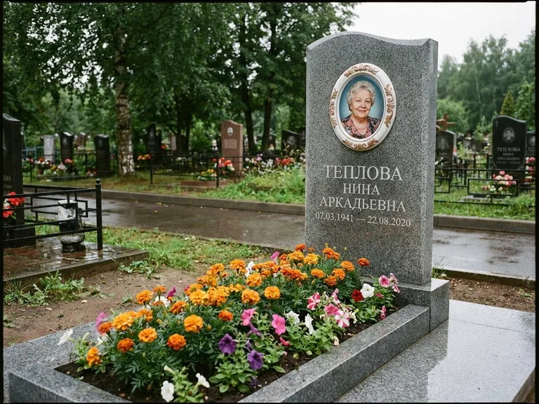 Керамический портрет на памятнике с цветами в Калининграде
