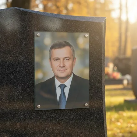 Портрет на стекле на держателях на чёрном граните в Калининграде