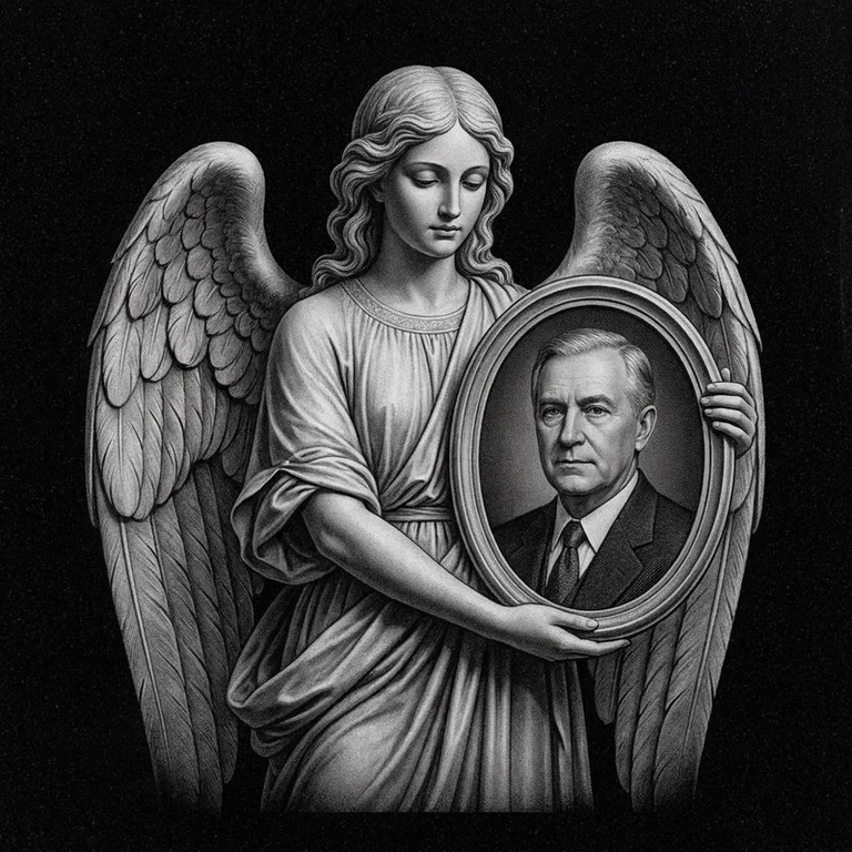 Эскиз гравировки ангела на памятник — объёмный ангел с портретом в Калининграде