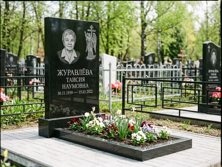 Памятник с гравировкой ангела — гравировка ангела с голубем по диагонали стелы, работа «Журавлёва» в Калининграде