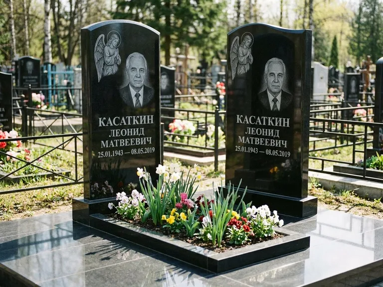 Памятник с гравировкой ангела — гравировка молящегося ангела в верхней части стелы, работа «Касаткин» в Калининграде