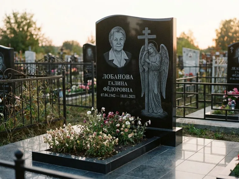 Памятник с гравировкой ангела — гравировка ангела с крестом рядом с эпитафией, работа «Лобанова» в Калининграде