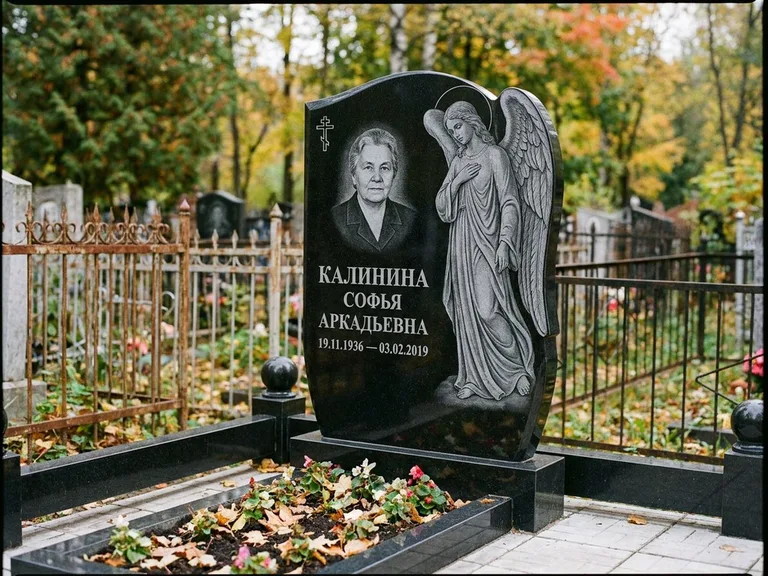 Памятник с гравировкой ангела — гравировка ангела с крестом рядом с эпитафией, работа «Игнатова» в Калининграде
