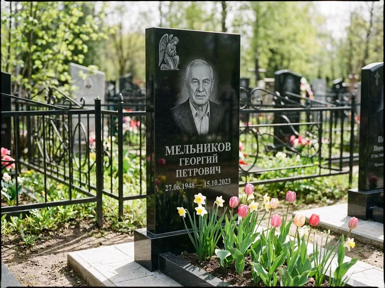 Памятник с гравировкой ангела — гравировка ангела с голубем по диагонали стелы, работа «Доронин» в Калининграде