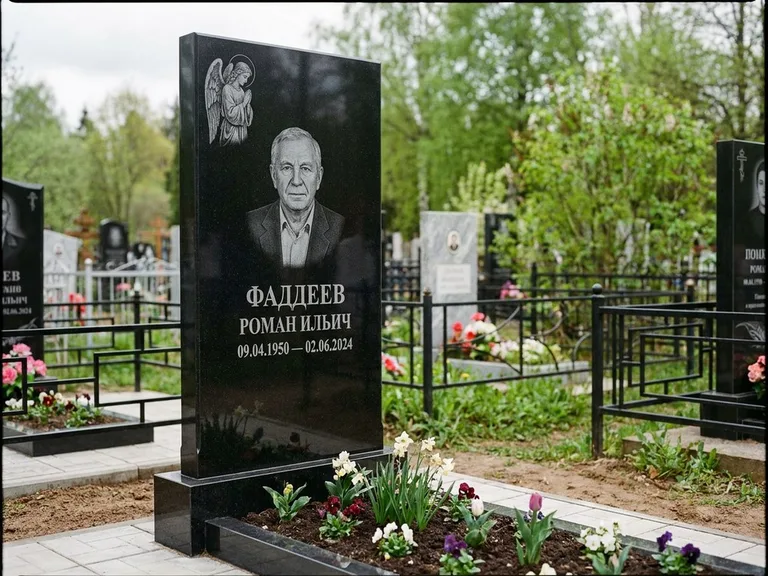 Памятник с гравировкой ангела — гравировка молящегося ангела в верхней части стелы, работа «Фаддеев» в Калининграде