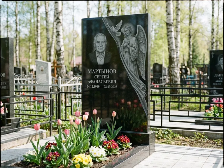 Памятник с гравировкой ангела — гравировка двух ангелов по сторонам портрета, работа «Касаткин» в Калининграде