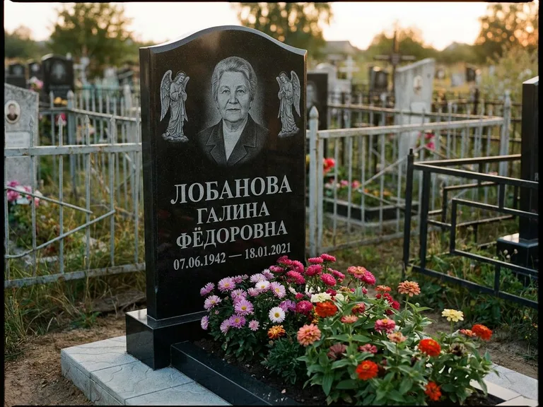 Памятник с гравировкой ангела — гравировка двух ангелов по сторонам портрета, работа «Лобанова» в Калининграде