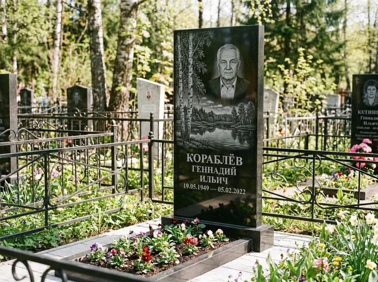 Памятник с гравировкой берёзы — гравировка берёзы у зеркального озера, работа «Кораблёв» в Калининграде