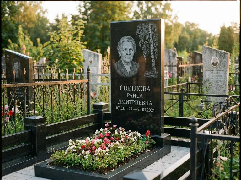 Памятник с гравировкой берёзы — гравировка плакучей берёзы с тонкими ветвями, работа «Светлова» в Калининграде