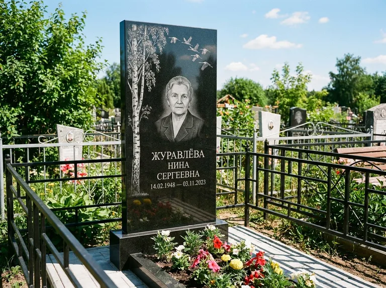 Памятник с гравировкой берёзы — гравировка берёзы с журавлиным клином в небе, работа «Журавлёва» в Калининграде