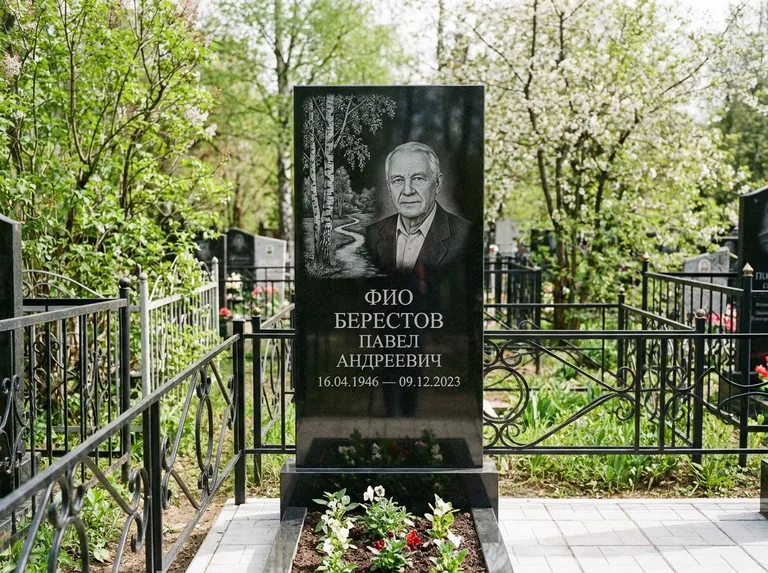 Памятник с гравировкой берёзы — гравировка берёзы у тропинки, уходящей вдаль, работа «Берестов» в Калининграде