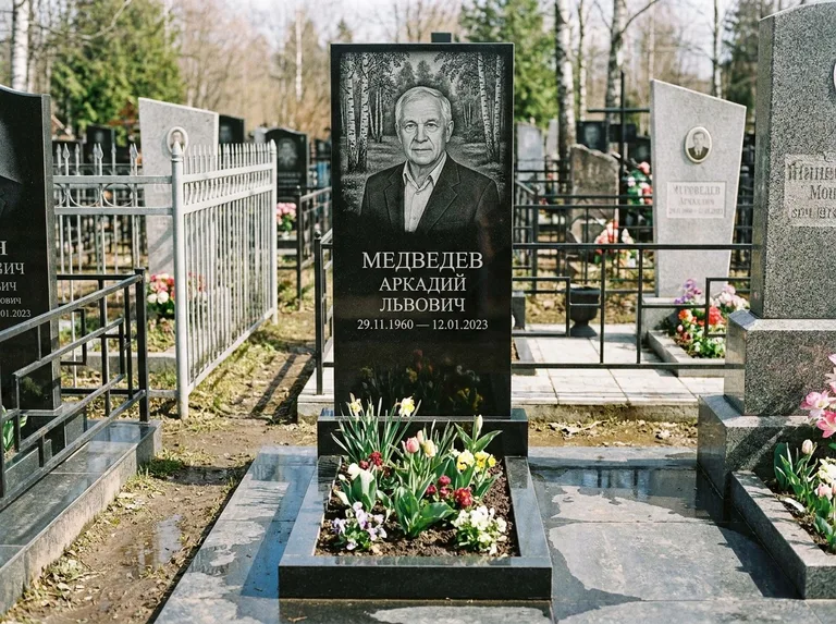 Памятник с гравировкой берёзы — гравировка берёзовой рощи в глубину, работа «Медведев» в Калининграде
