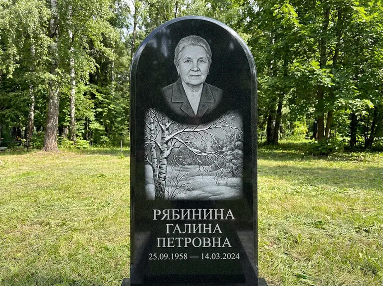 Памятник с гравировкой берёзы: стела с плавным арочным верхом — зимняя берёза, снег на ветвях, газон без ограды, стриженая трава, работа «Рябинина» в Калининграде