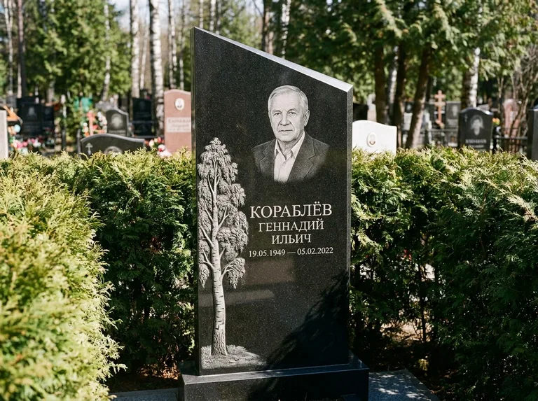 Памятник с гравировкой берёзы: асимметричная скошенная стела — объёмная одинокая берёза с фактурной корой, живая изгородь из туи, работа «Кораблёв» в Калининграде