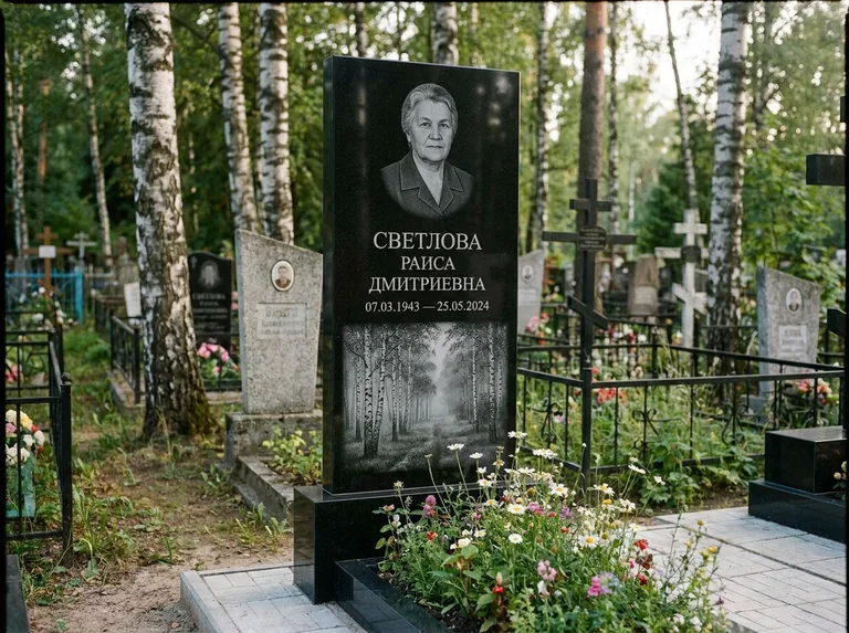 Памятник с гравировкой берёзы: двойная семейная стела — берёзовая роща в лёгкой дымке, цветник с полевыми цветами, работа «Светлова» в Калининграде