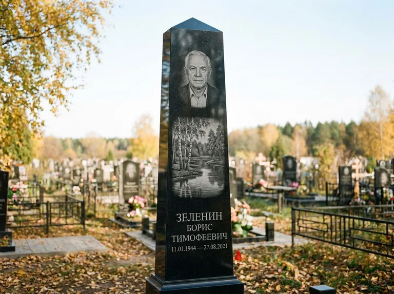 Памятник с гравировкой берёзы: гранёный обелиск-колонна — берёза у воды с отражением, открытый участок, мягкий свет, работа «Зеленин» в Калининграде