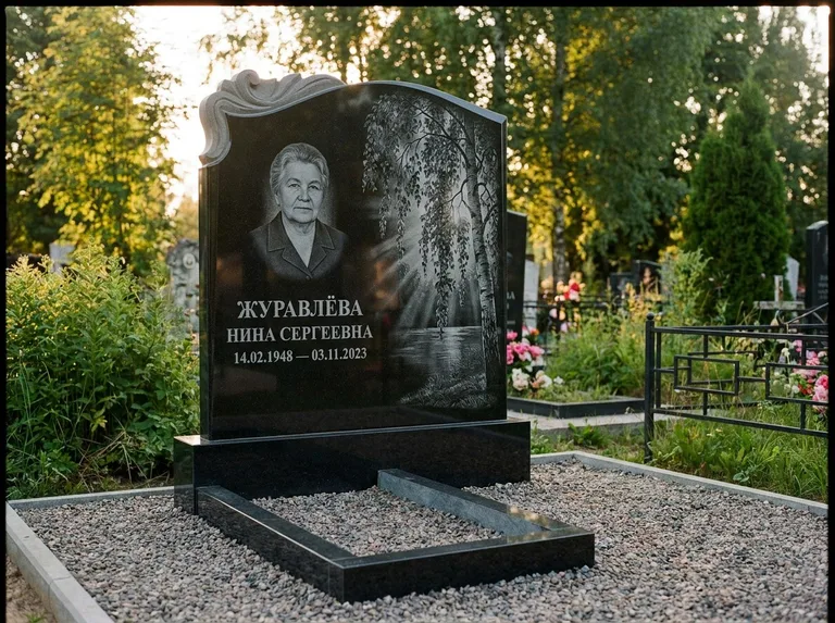 Памятник с гравировкой берёзы: стела с фигурным резным верхом — плакучая берёза в контровом свете, гравийная отсыпка, рассвет, работа «Журавлёва» в Калининграде