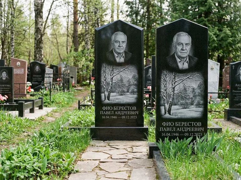 Памятник с гравировкой берёзы: массивная стела с двускатным навершием — зимняя берёза, снег на ветвях, дорожка из природного плитняка, работа «Берестов» в Калининграде