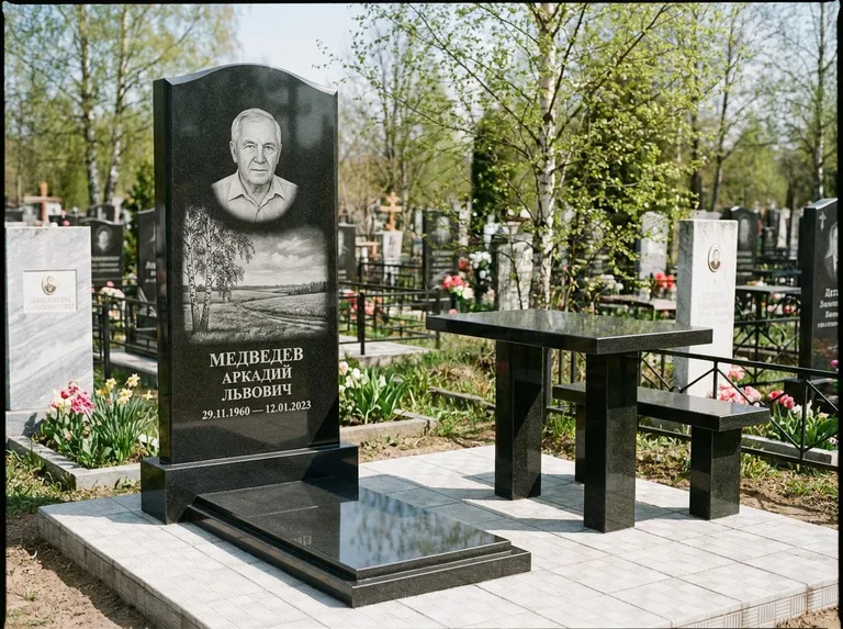 Памятник с гравировкой берёзы: стела с гранитным столиком и скамьёй — берёза у поля, простор до горизонта, семейный участок с плиткой, работа «Медведев» в Калининграде
