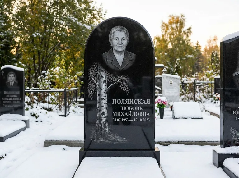 Памятник с гравировкой берёзы: полукруглая стела — объёмная одинокая берёза с фактурной корой, заснеженный зимний участок, работа «Полянская» в Калининграде