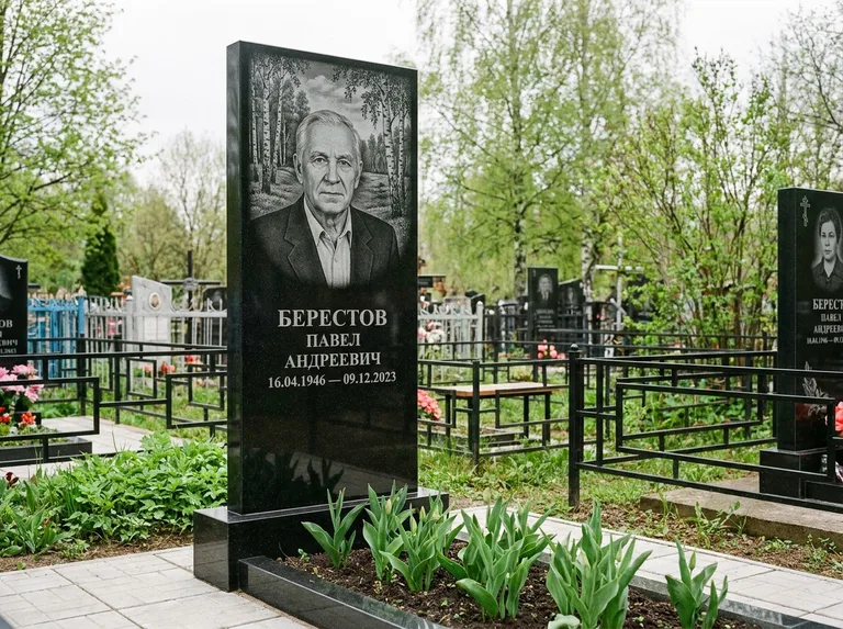 Памятник с гравировкой берёзы — гравировка берёзовой рощи в глубину, работа «Берестов» в Калининграде
