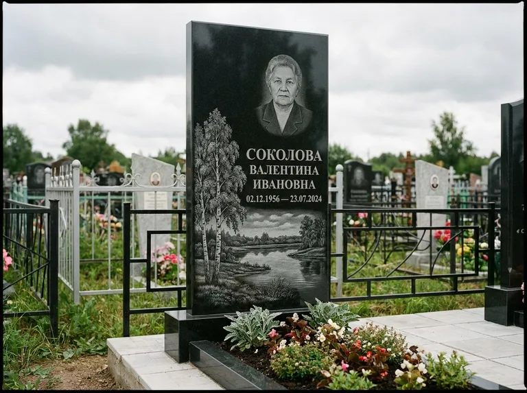 Памятник с гравировкой берёзы — гравировка берёзы у зеркального озера, работа «Соколова» в Калининграде