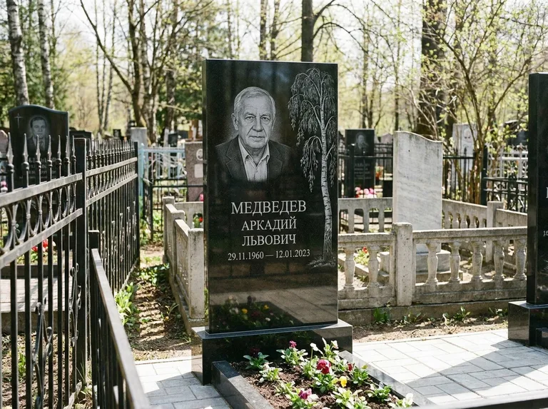 Памятник с гравировкой берёзы — гравировка плакучей берёзы с тонкими ветвями, работа «Медведев» в Калининграде