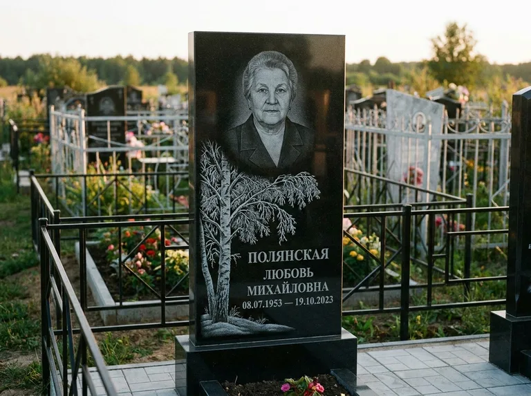 Памятник с гравировкой берёзы — гравировка зимней берёзы в инее, работа «Полянская» в Калининграде