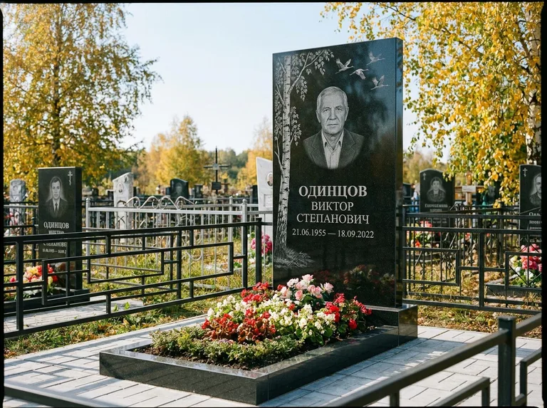 Памятник с гравировкой берёзы — гравировка берёзы с журавлиным клином в небе, работа «Одинцов» в Калининграде