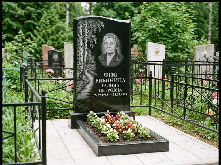 Памятник с гравировкой берёзы — гравировка берёзы у тропинки, уходящей вдаль, работа «Рябинина» в Калининграде