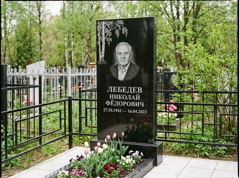Памятник с гравировкой берёзы — гравировка одинокой берёзы над именем, работа «Лебедев» в Калининграде