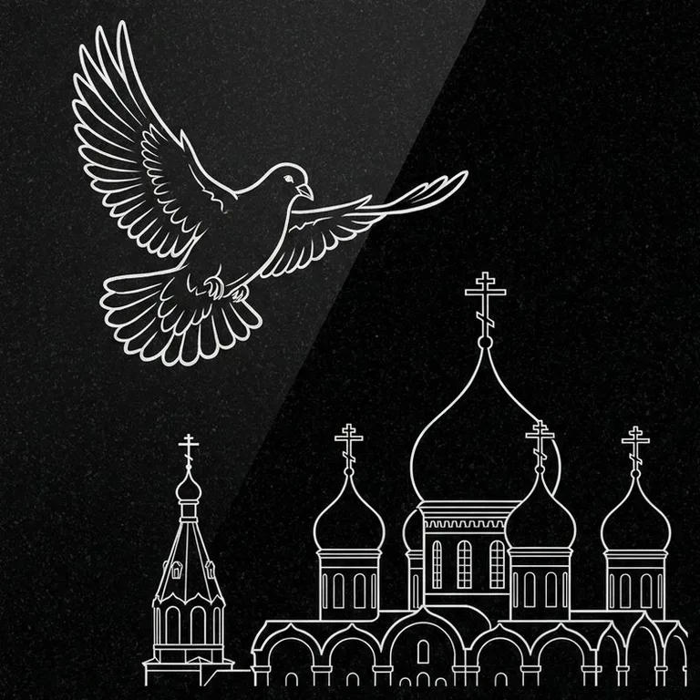 Эскиз гравировки голубей на памятник — голубь в небе над храмом в Калининграде