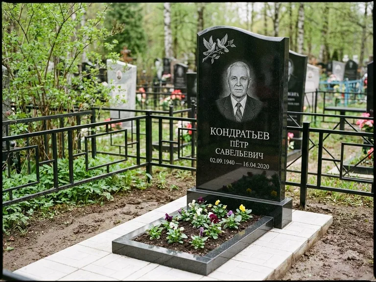Памятник с гравировкой голубей — гравировка пары голубей на ветке в верхнем углу стелы, работа «Кондратьев» в Калининграде