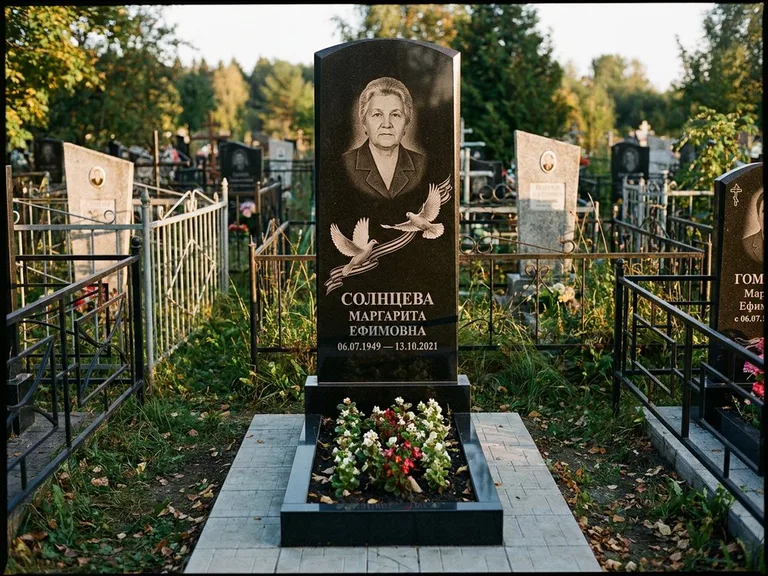 Памятник с гравировкой голубей — гравировка двух летящих голубей с лентой по диагонали стелы, работа «Солнцева» в Калининграде