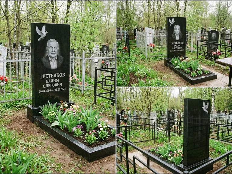 Памятник с гравировкой голубей — белая гравировка взлетающего голубя над портретом, работа «Третьяков» в Калининграде