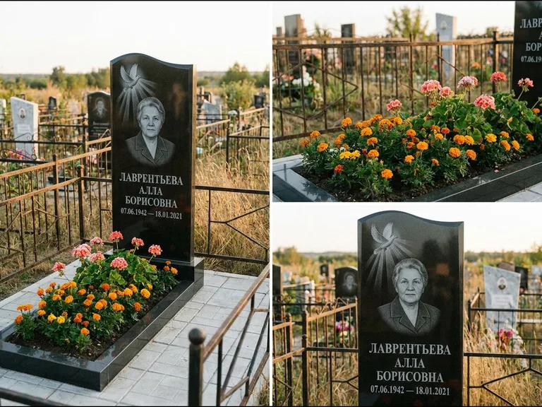 Памятник с гравировкой голубей — гравировка голубя в лучах света над портретом, работа «Лаврентьева» в Калининграде