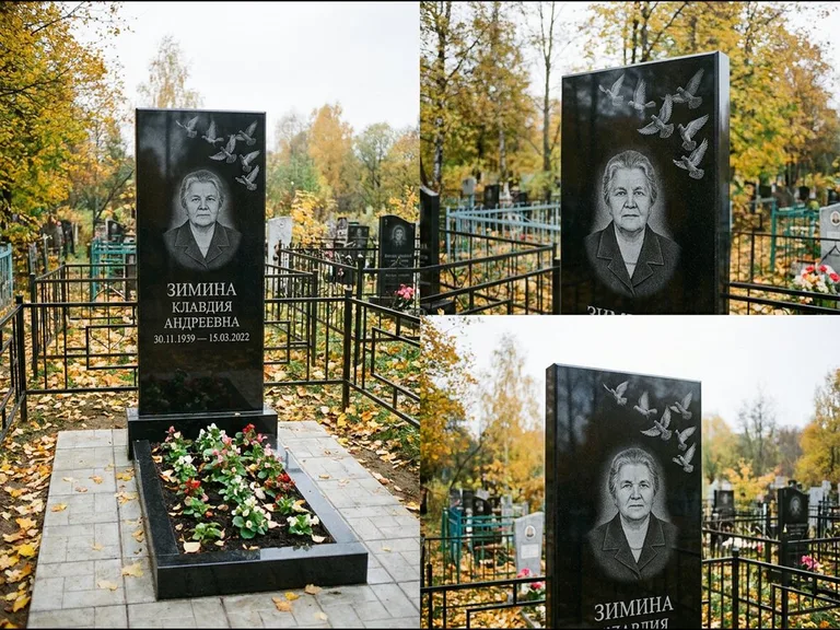 Памятник с гравировкой голубей — гравировка стаи голубей, взлетающей от угла стелы, работа «Зимина» в Калининграде