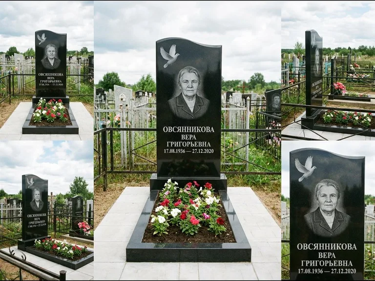Памятник с гравировкой голубей — белая гравировка взлетающего голубя над портретом, работа «Овсянникова» в Калининграде