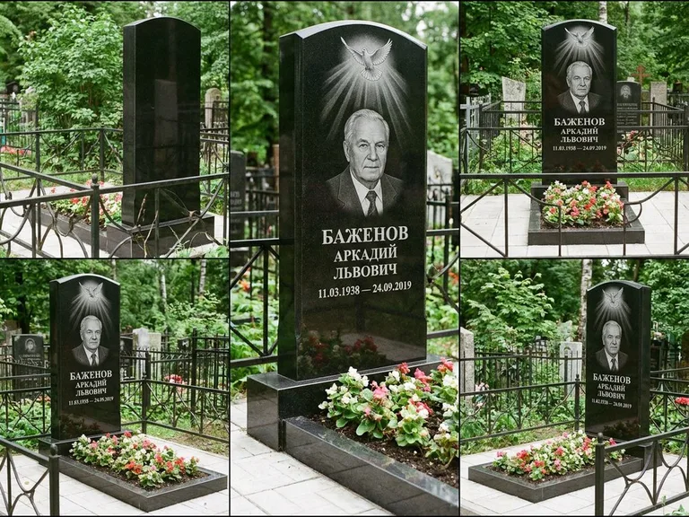 Памятник с гравировкой голубей — гравировка голубя в лучах света над портретом, работа «Баженов» в Калининграде