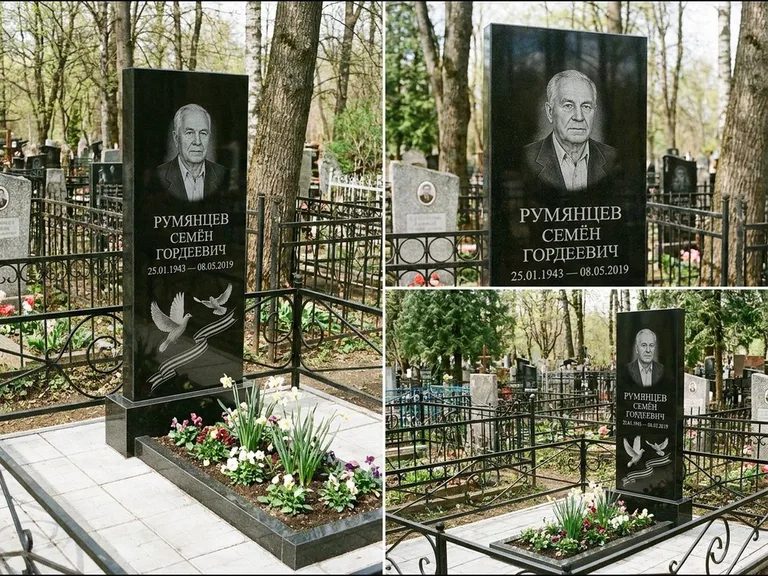 Памятник с гравировкой голубей — гравировка двух летящих голубей с лентой по диагонали стелы, работа «Румянцев» в Калининграде