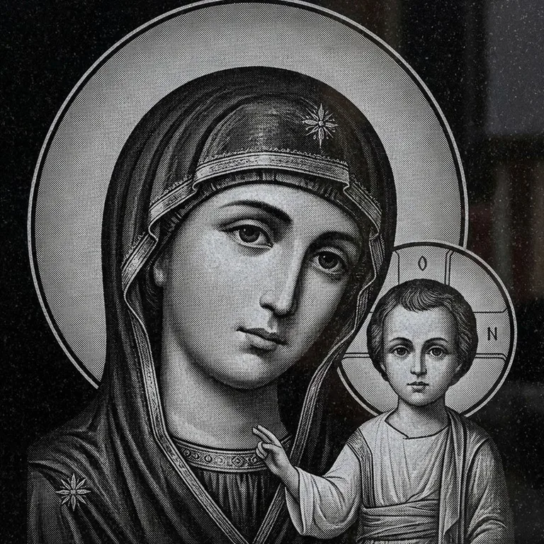 Эскиз иконы: Казанская (полутон) — детальный образ Богородицы, гравировка на памятник в Калининграде