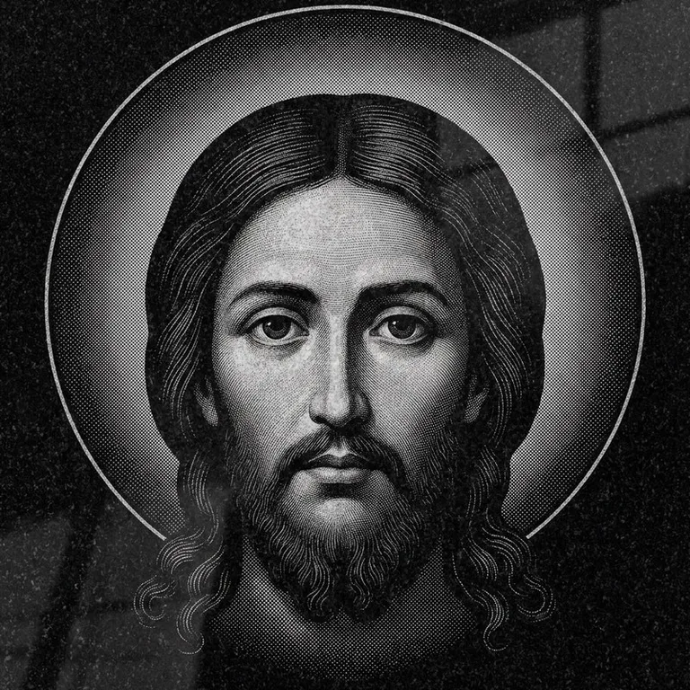 Эскиз иконы: Спас Нерукотворный (полутон) — детальный лик на убрусе, гравировка на памятник в Калининграде