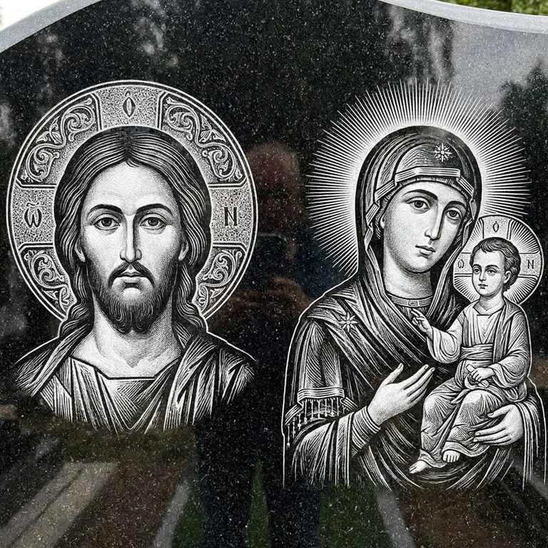 Эскиз иконы: Спаситель и Богородица — парные образы симметрично, гравировка на памятник в Калининграде