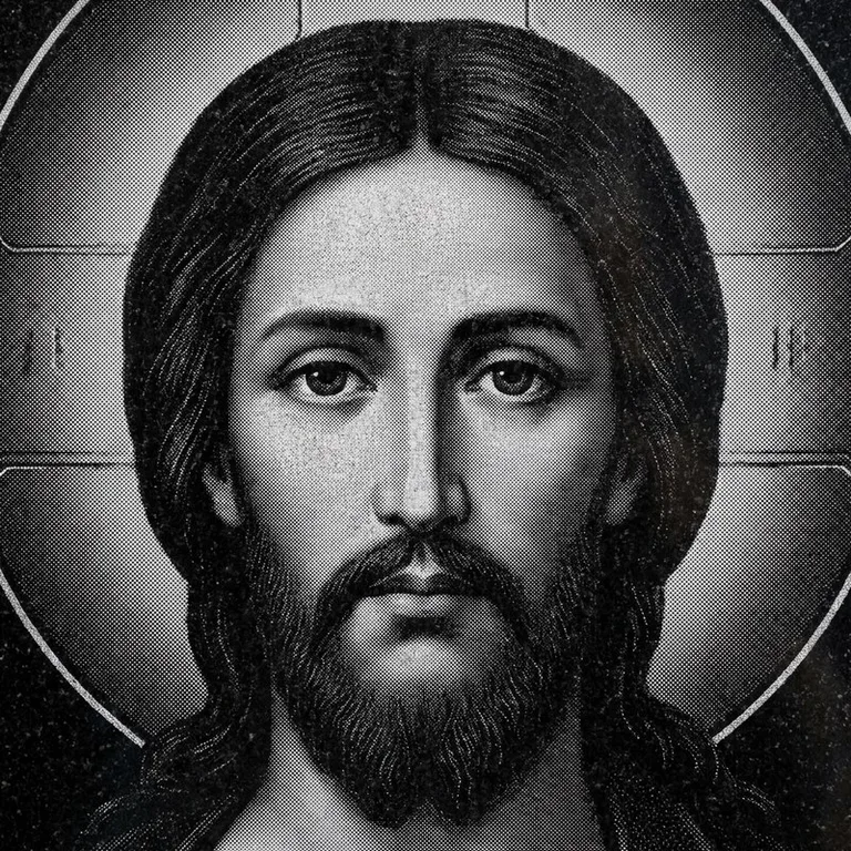 Эскиз иконы: Спас Вседержитель (полутон) — объёмный лик, светотень, гравировка на памятник в Калининграде