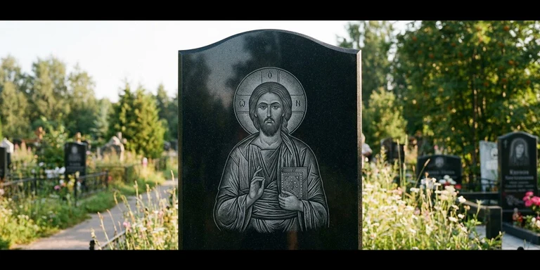 Иконы для гравировки на памятник в Калининграде — образ на стеле из чёрного гранита с ручной доводкой лика