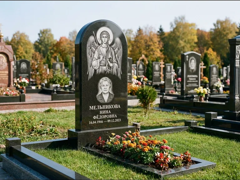 Памятник с гравировкой иконы — икона над портретом усопшего, работа «Журавлёв» в Калининграде