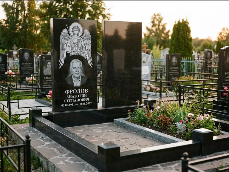 Памятник с гравировкой иконы: стела с резной рамкой вокруг иконы — Архангел Михаил на стеле, белая мраморная крошка с бордюром, работа «Богданова» в Калининграде
