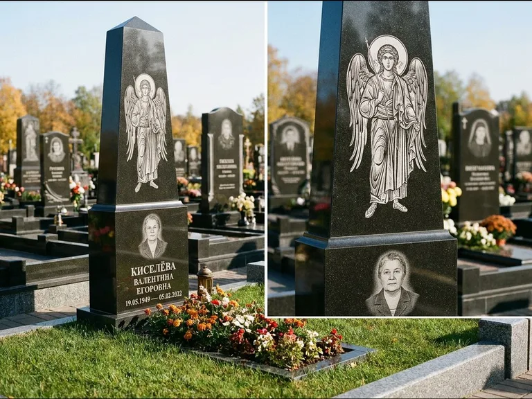 Памятник с гравировкой иконы: асимметричная скошенная стела — гравировка образа Спасителя, живая изгородь из кустарника, работа «Третьяков» в Калининграде