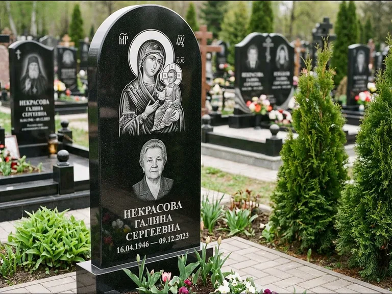 Памятник с гравировкой иконы: фигурная стела с киот-нишей под икону — икона в резной рамке-киоте, светлая гравийная отсыпка, работа «Журавлёв» в Калининграде